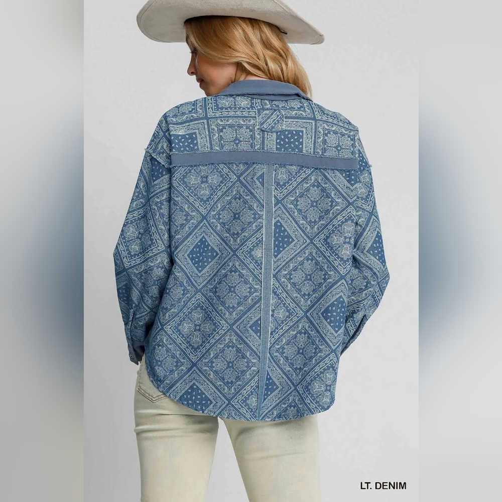 NWT Umgee Paisley Print Denim Shirt Jacket, Womens Medium Oversized Cotton Blend - Picture 3 of 10
